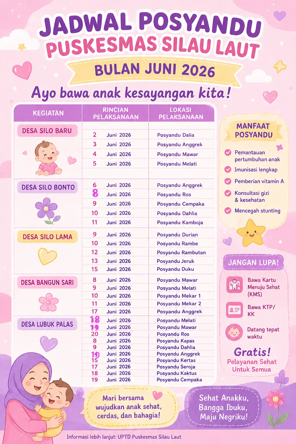 🌸💜💛 JADWAL POSYANDU PUSKESMAS SILAU LAUT 💛💜🌸